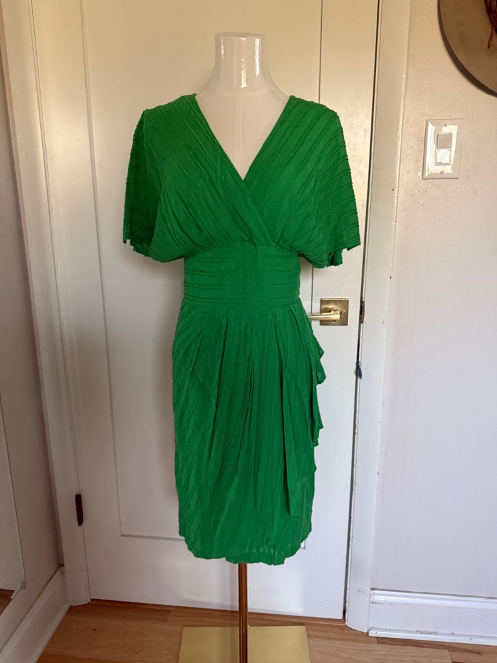 Vibrant Green Wrap-Style Pleated Midi Dress